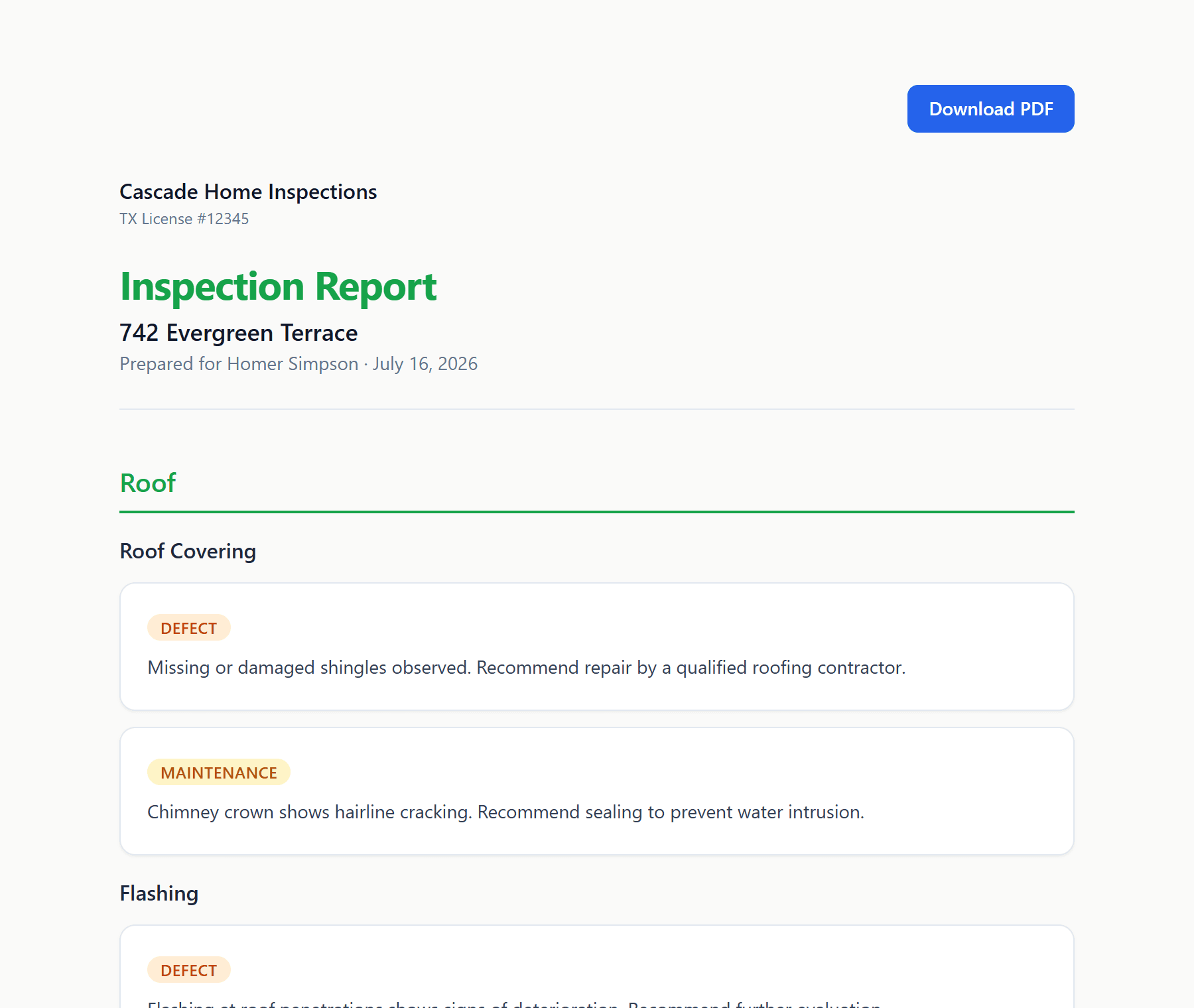 A real PlainFindings inspection report, showing severity-tagged findings for a roof section